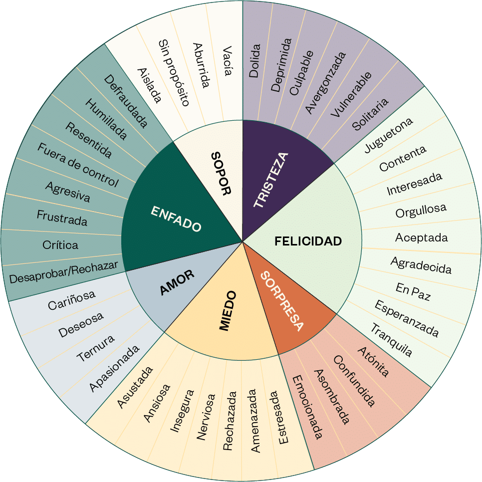 Saprea's emotion wheel, a list of basic emotions surrounded by more specific emotions that fall under a base emotion.