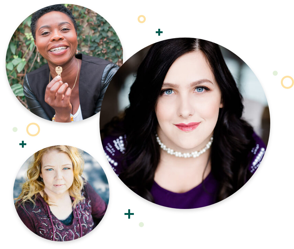 Portraits of a three diverse women of varying backgrounds placed in circular boarders with other design elements surrounding them.